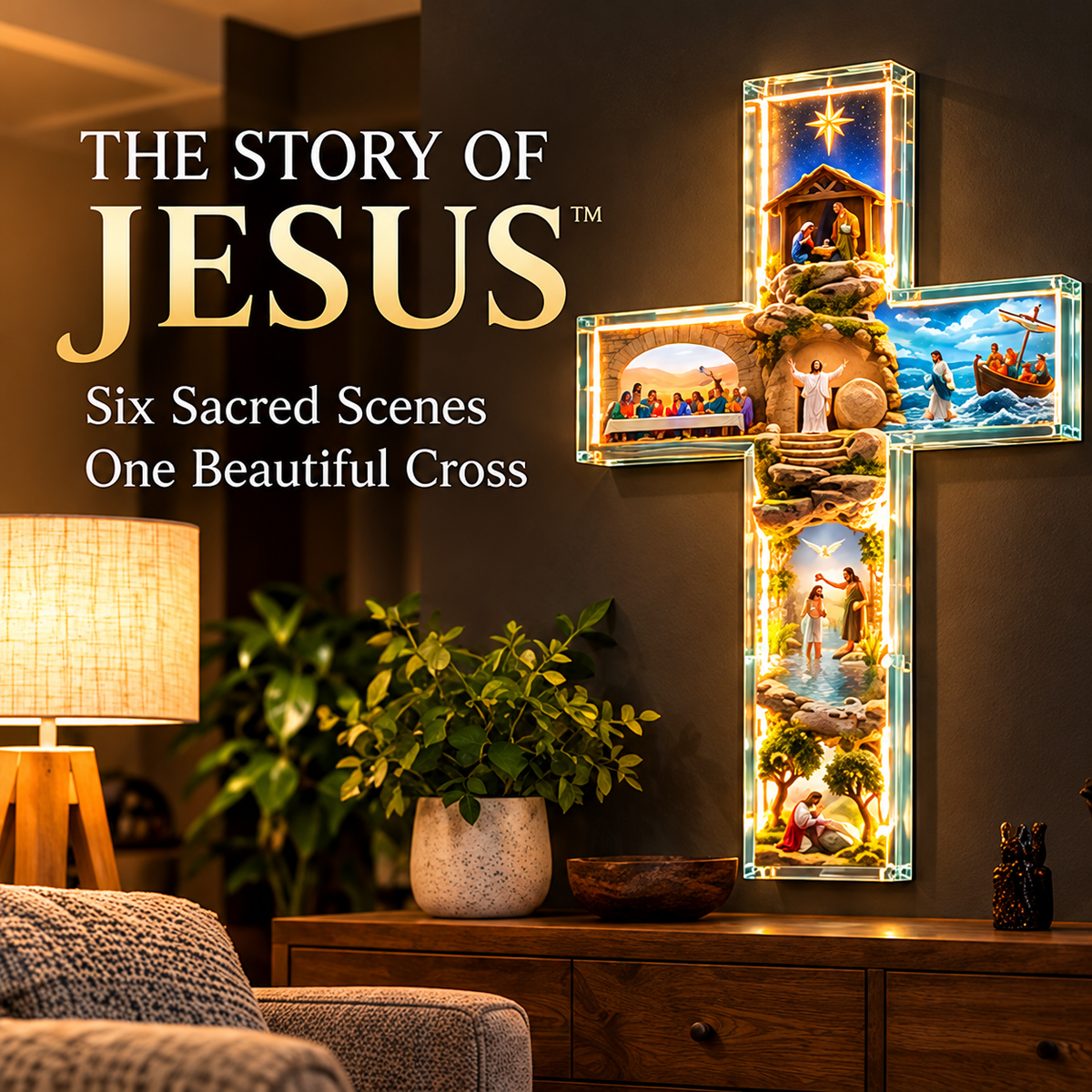 ✝️ The Story of Jesus Cross Lamp – 6 Illuminated Scenes of Faith & Christmas Hope ✨