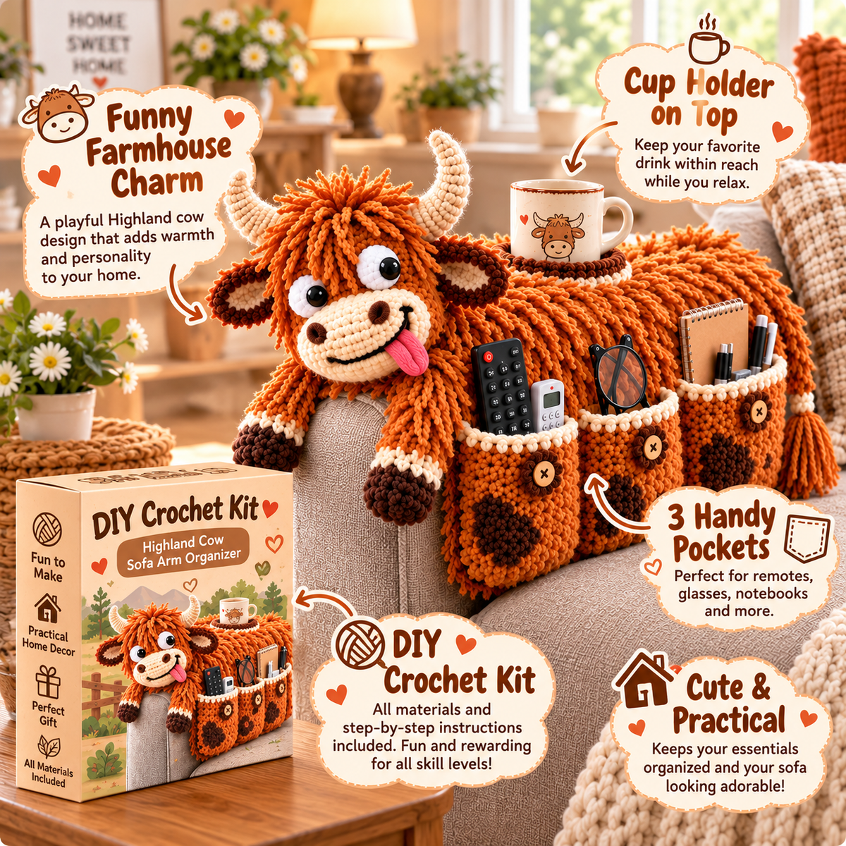 🧶😂 Couch Cuddlers™ DIY Crochet Kit – Funny Animal Sofa Armrest Organizer with 3 Handy Pockets 🛋️❤️
