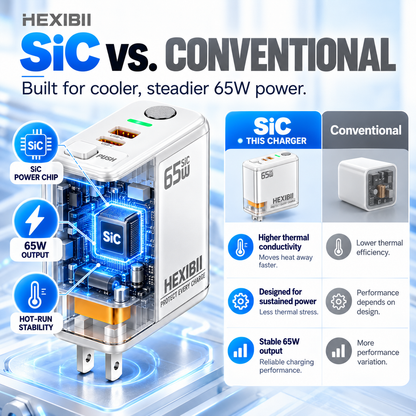 ⚡ 65W SiC Smart Auto Power-Off Charger – USB-C + USB-A Fast Charging with Physical Cut-Off
