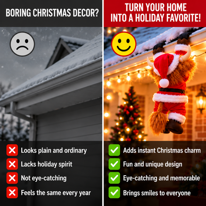 🎅🐮 Climbing Highland Cow™ – Animated Christmas Roof Climber | Adorable Santa Cow Holiday Hanging Decoration