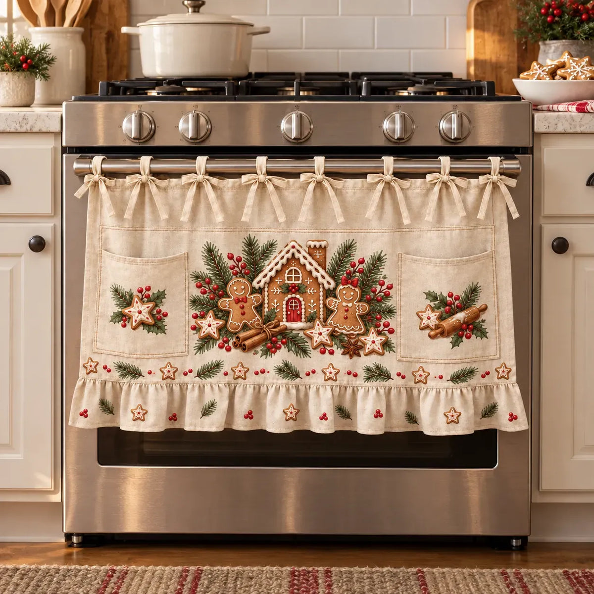 🎄 Christmas Kitchen Tie-On Skirt | Festive Holiday Designs with Pockets & Ruffled Trim ✨