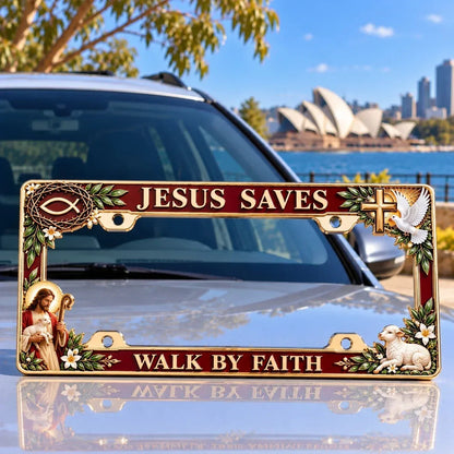 ✝️ Walk by Faith, Wherever You Go – Jesus Saves 3D Metal License Plate Frame