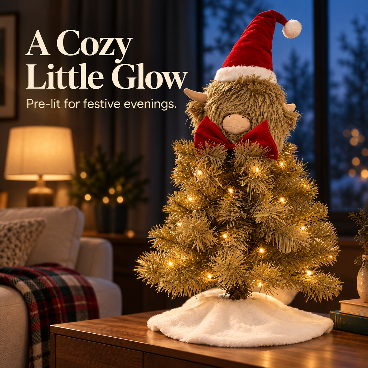 🎄🐮✨ Highland Cow Christmas Tree Decoration 🎅❤️🌟 Cozy Rustic Holiday Tabletop Decor with Santa Hat & Red Bow 🎁❄️🏡