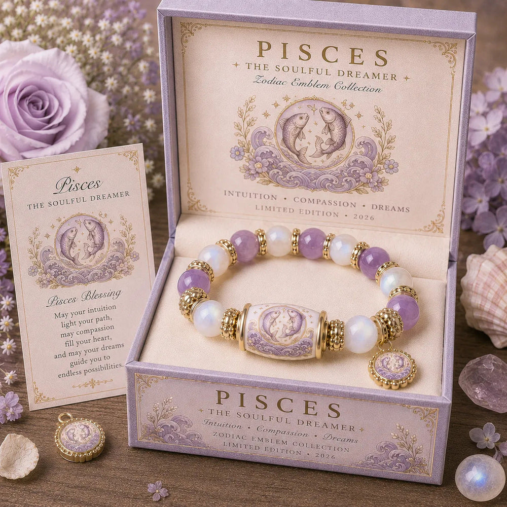 Pisces zodiac bracelet with soft purple and white beads in a matching lavender presentation box