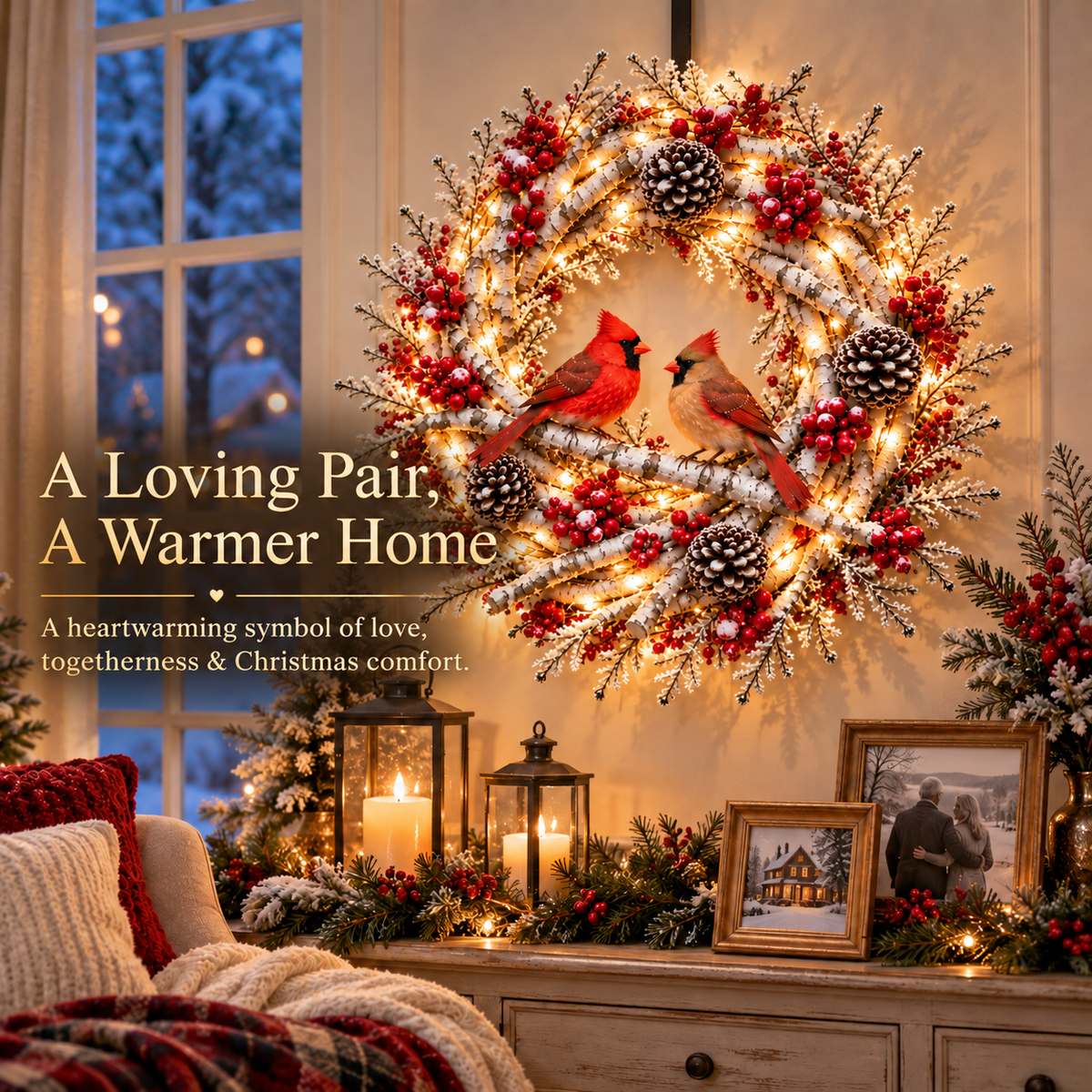 🔥 LAST DAY 49% OFF 🔥 ❤️🐦 Cardinals Together™ – Lighted Snowy Birch Christmas Wreath with Male & Female Cardinals 🎄✨