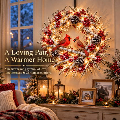 🔥 LAST DAY 49% OFF 🔥 ❤️🐦 Cardinals Together™ – Lighted Snowy Birch Christmas Wreath with Male & Female Cardinals 🎄✨