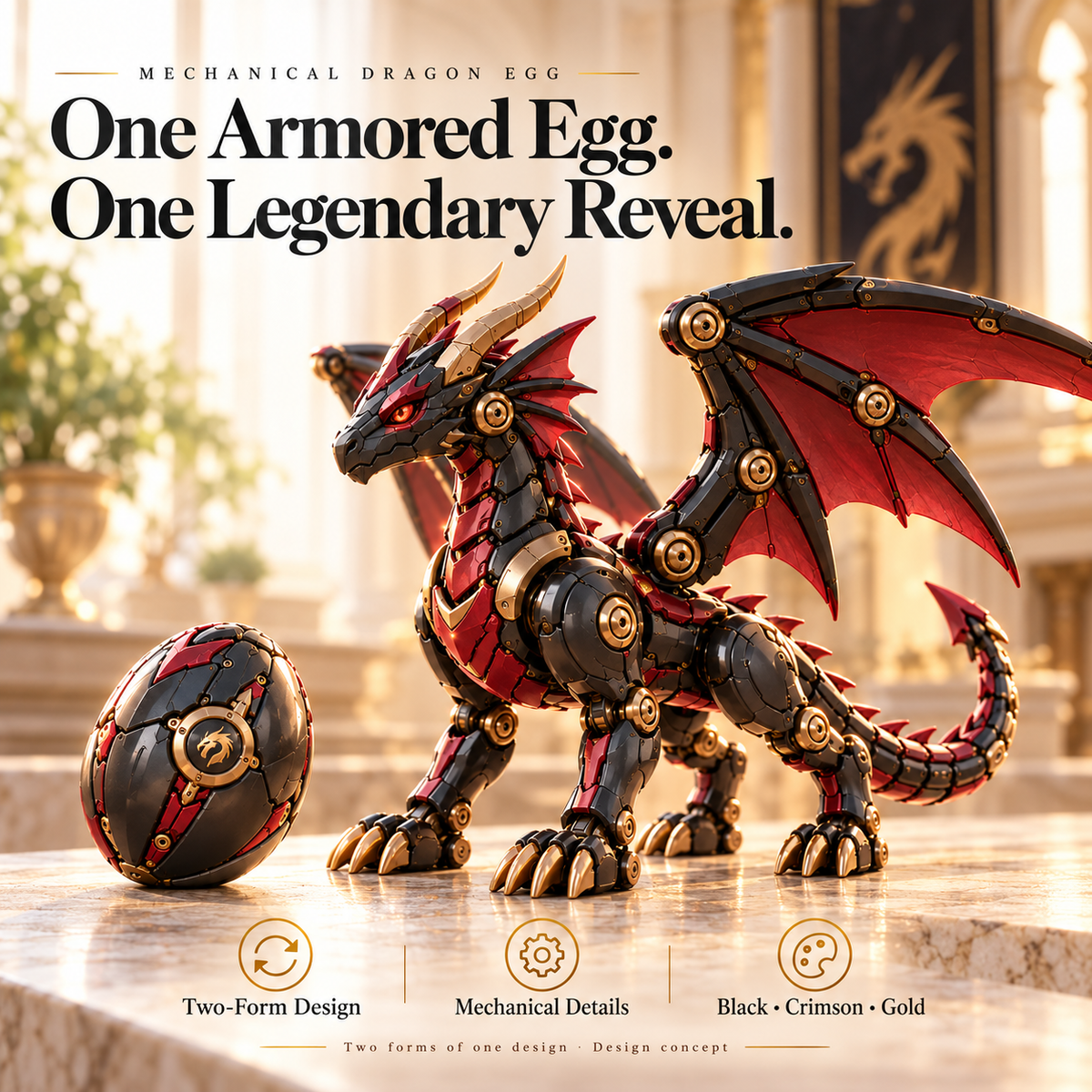 🎁LAST DAY 49% OFF | 🐉 Mechanical Dragon Egg – Black & Crimson Dragon with Folding Wings & Armored Details