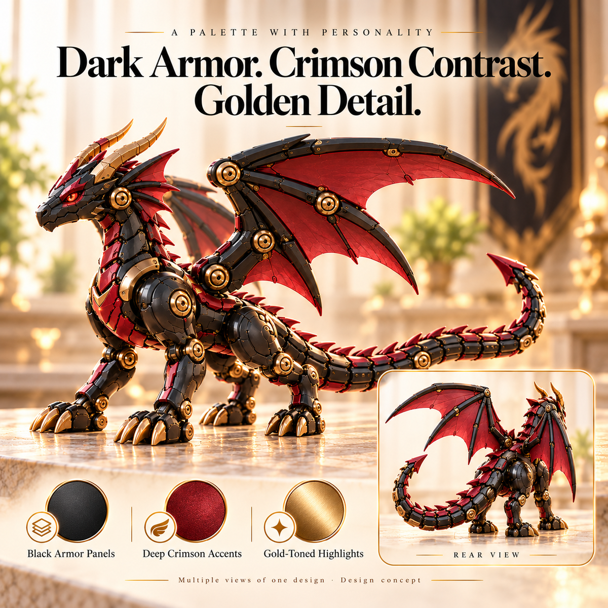 🔥LAST DAY 49% OFF | 🐉 Mechanical Dragon Egg – Black & Crimson Dragon with Folding Wings & Armored Details
