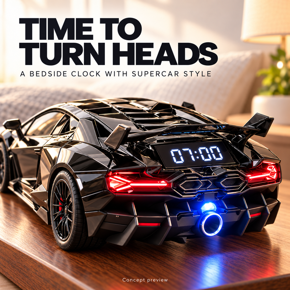 🔥LAST DAY 49% OFF -🏎️ Black Supercar Alarm Clock Concept | Rear Digital Display & Light-Up Taillights