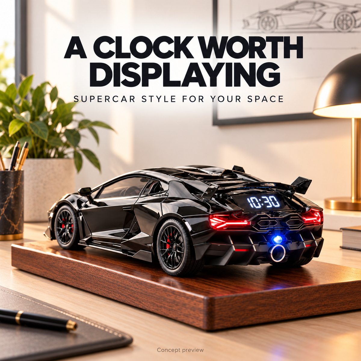 🔥LAST DAY 49% OFF -🏎️ Black Supercar Alarm Clock Concept | Rear Digital Display & Light-Up Taillights
