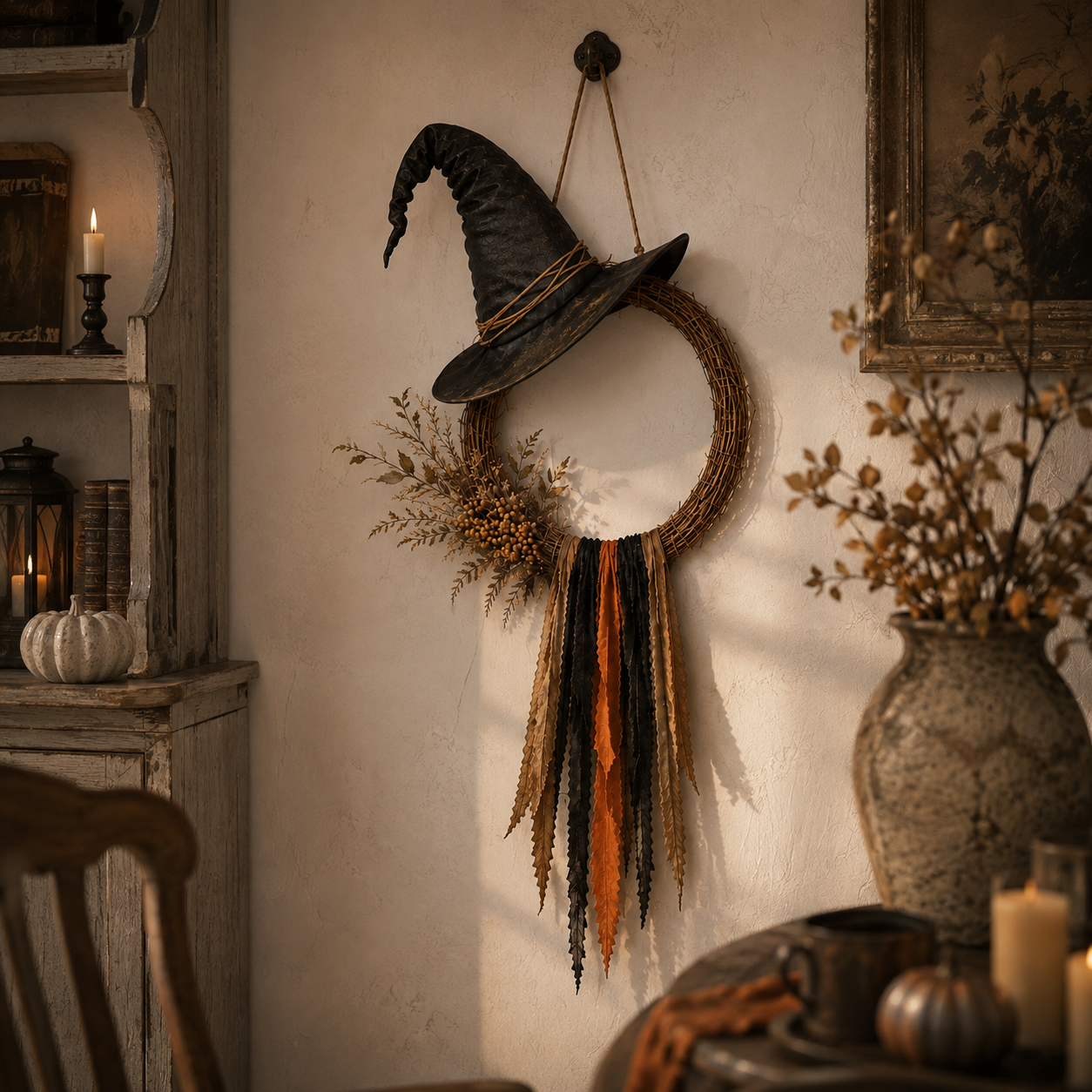Vintage Witch Hat Woven Wreath