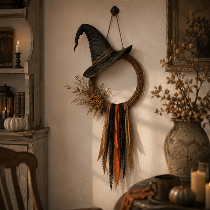 Vintage Witch Hat Woven Wreath