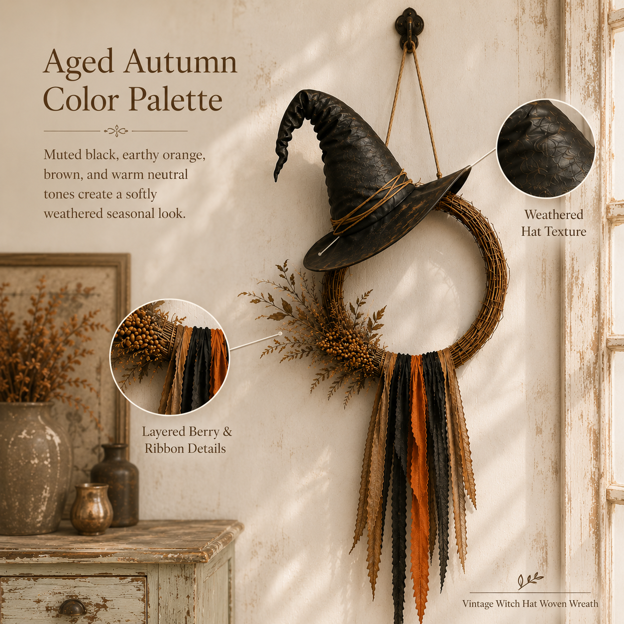 Vintage Witch Hat Woven Wreath