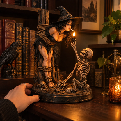 Witch & Skeleton Candle Scene Figurine – Gothic Halloween Tabletop Decor