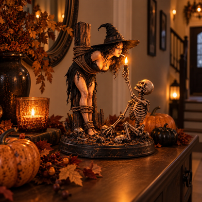 Witch & Skeleton Candle Scene Figurine – Gothic Halloween Tabletop Decor
