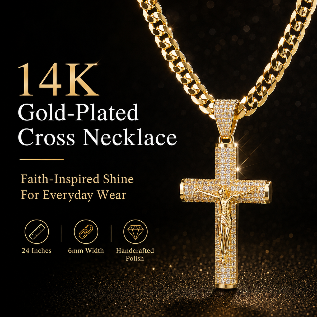 ✨ Gold-Plated Cuban Figaro Cross Necklace – 24" Miami Crucifix, Handcrafted Polished, Perfect Father's Day Gift