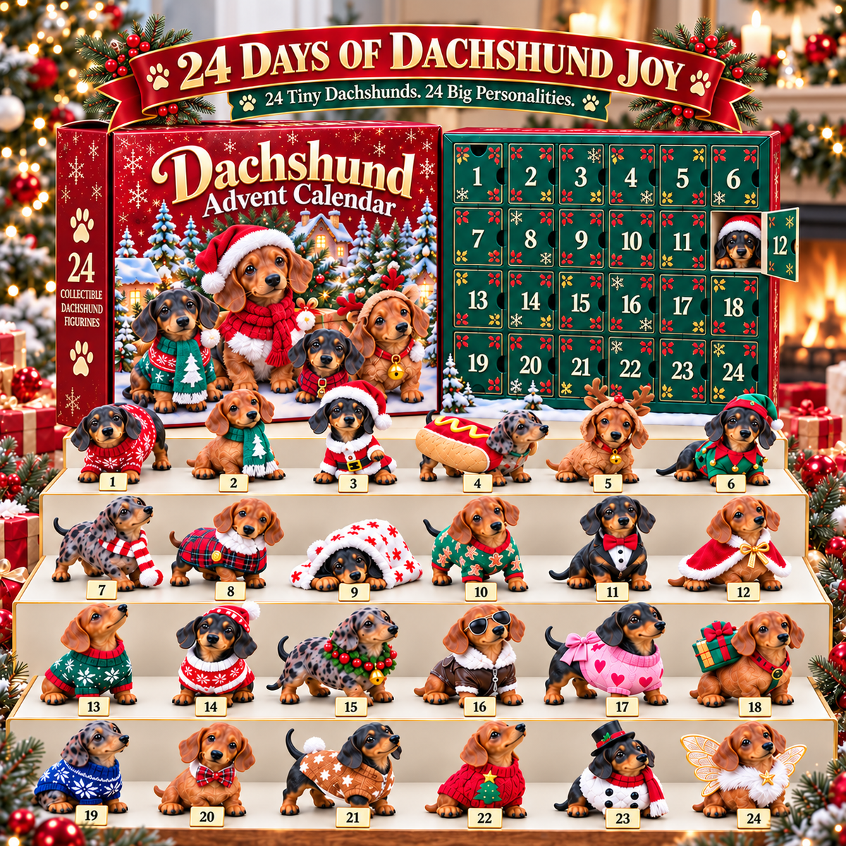 24 Days of Dachshund Joy Christmas Advent Calendar with 24 collectible dachshund figurines