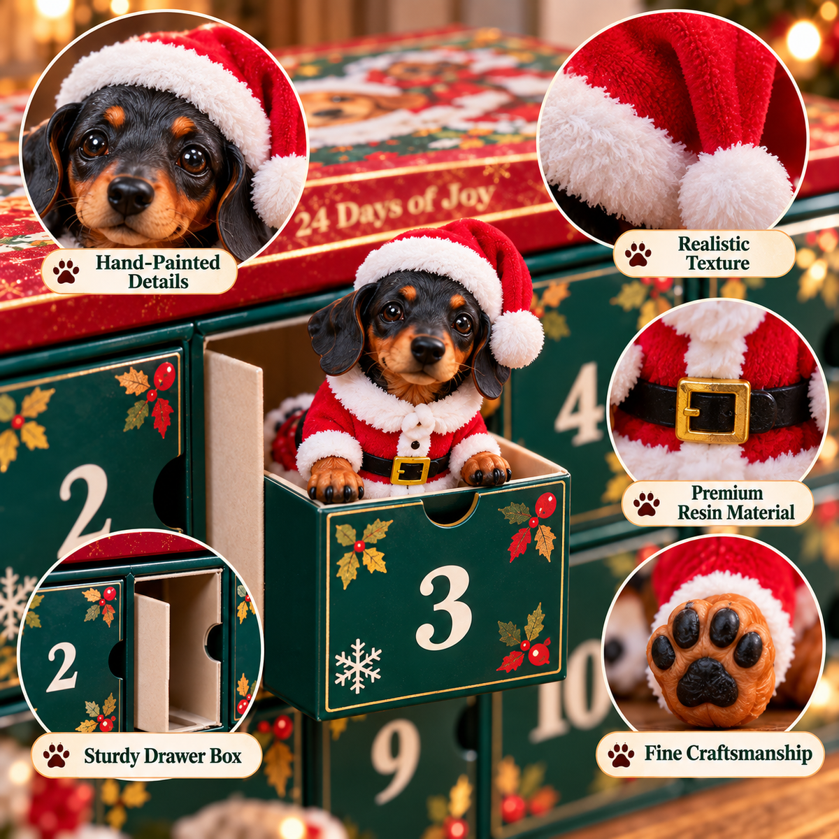 Close-up details of dachshund figurine and drawer box