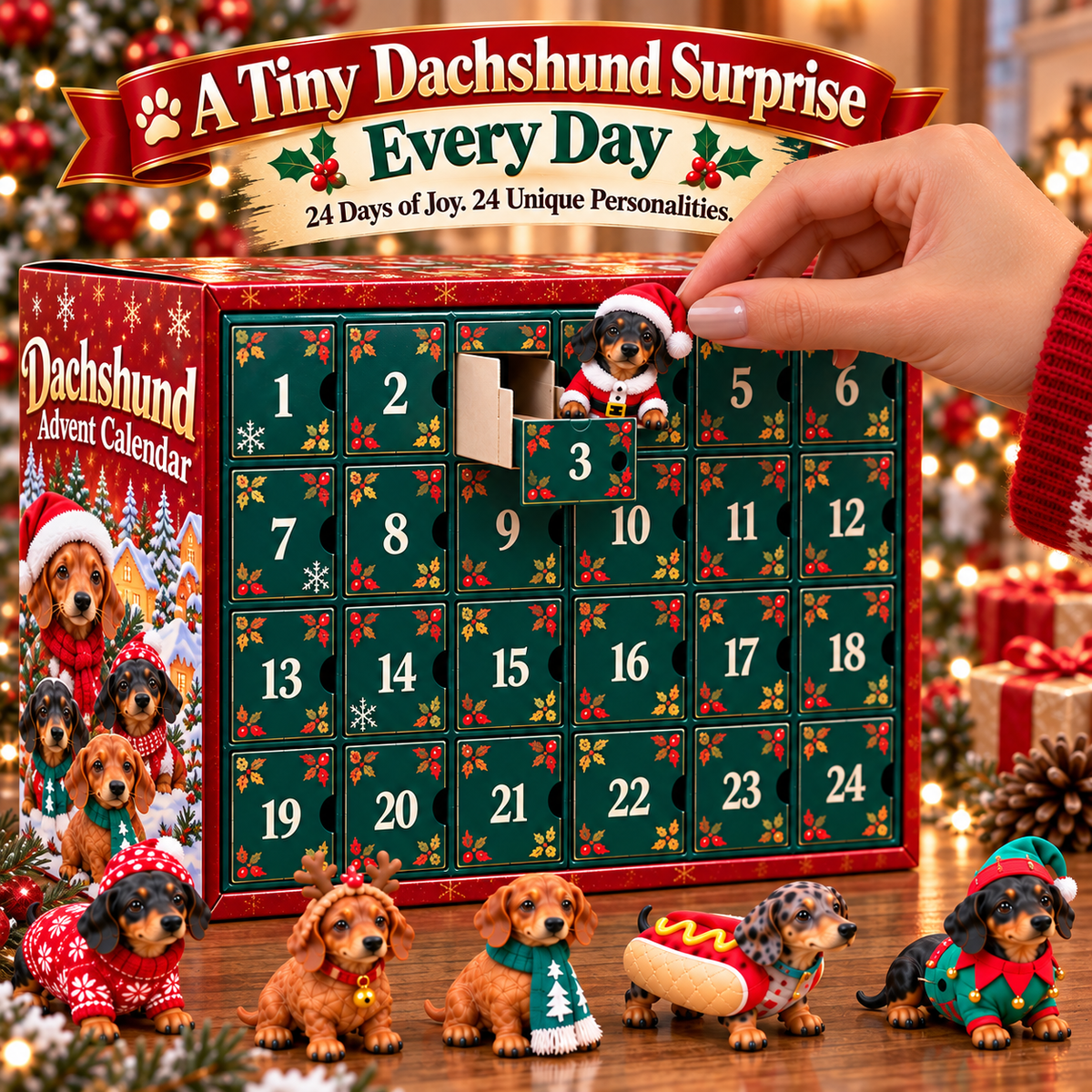 A tiny dachshund surprise every day from the Christmas advent calendar