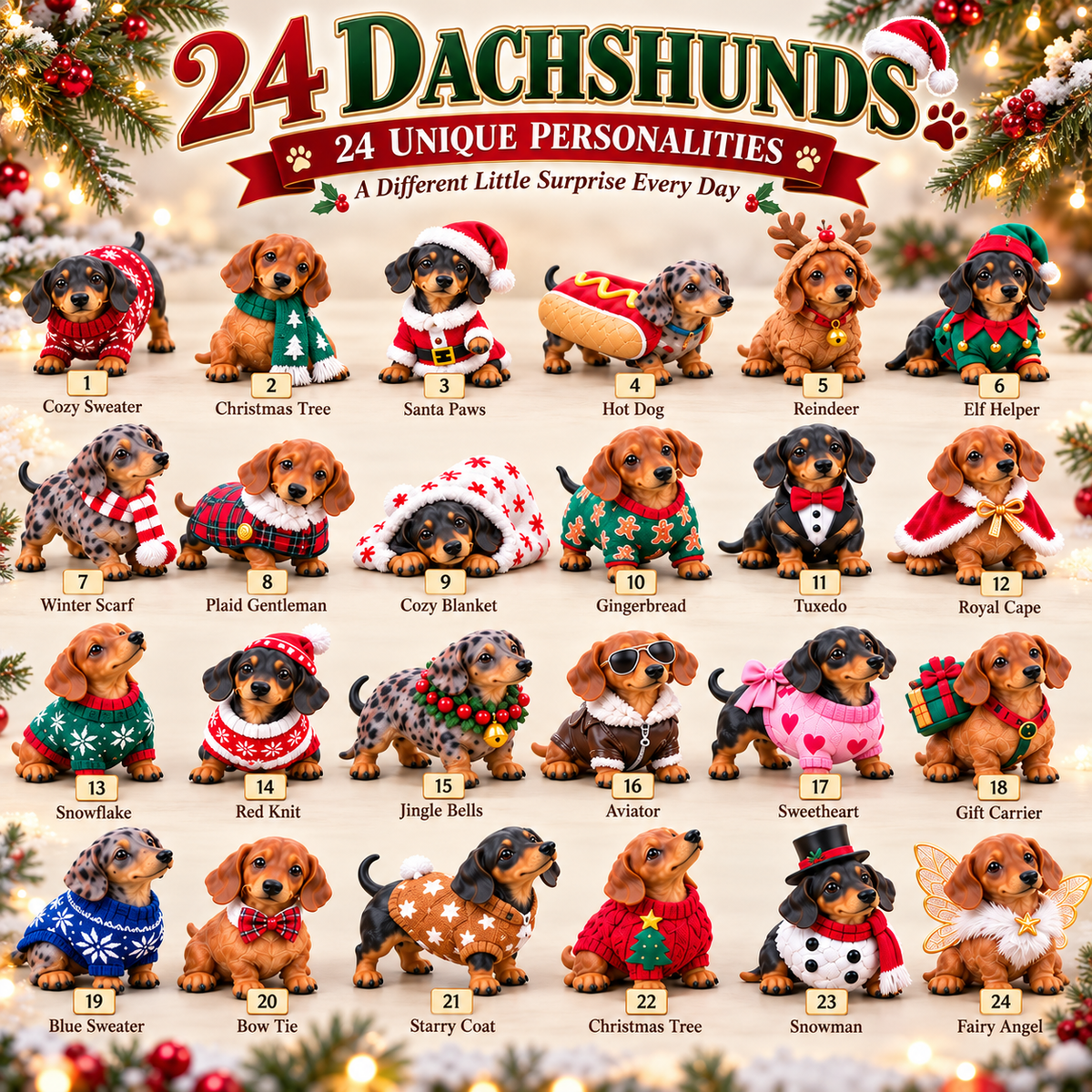 24 unique collectible dachshund Christmas figurines