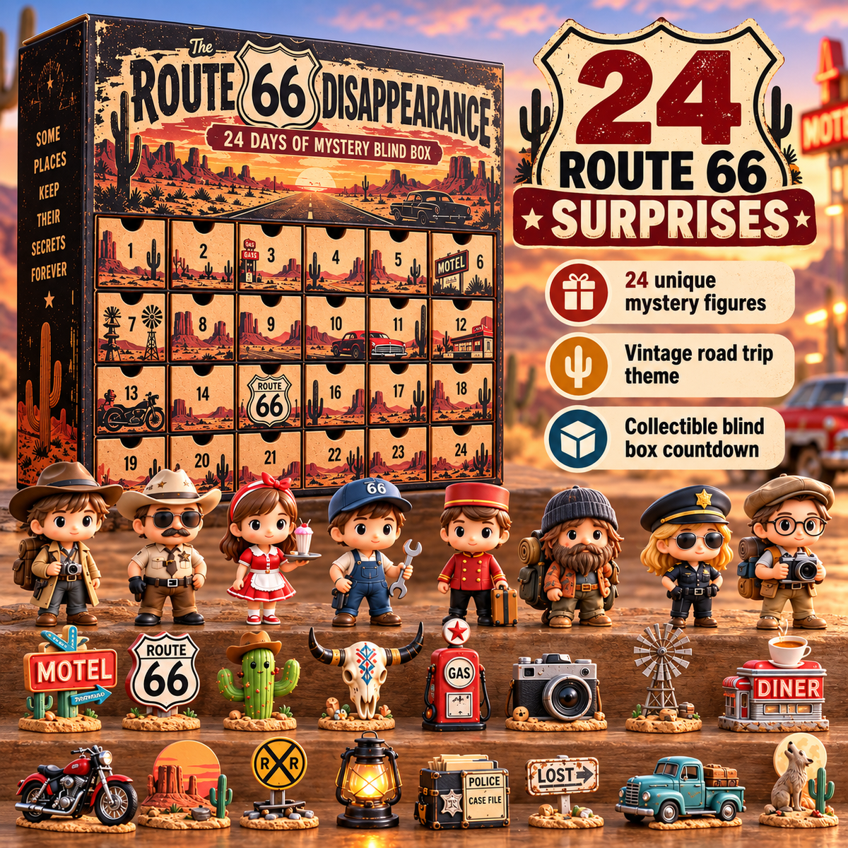 🚗 Route 66 Mystery Blind Box – 24 Days of Americana Collectibles