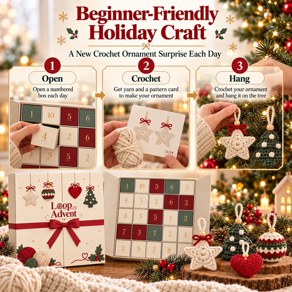 🎄 24-Day Crochet Christmas Advent Calendar™ – 24 Surprise DIY Ornament Kits to Make & Hang 🧶