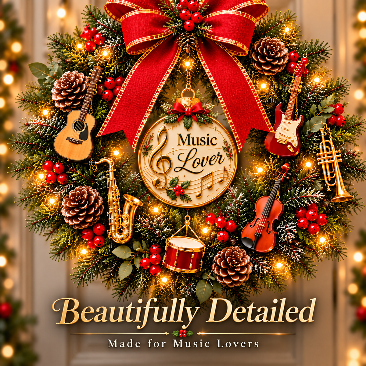 🔥 LAST DAY 49% OFF 🔥🎵 Music Lover Christmas Wreath™ – Lighted Musical Instrument Holiday Door Wreath