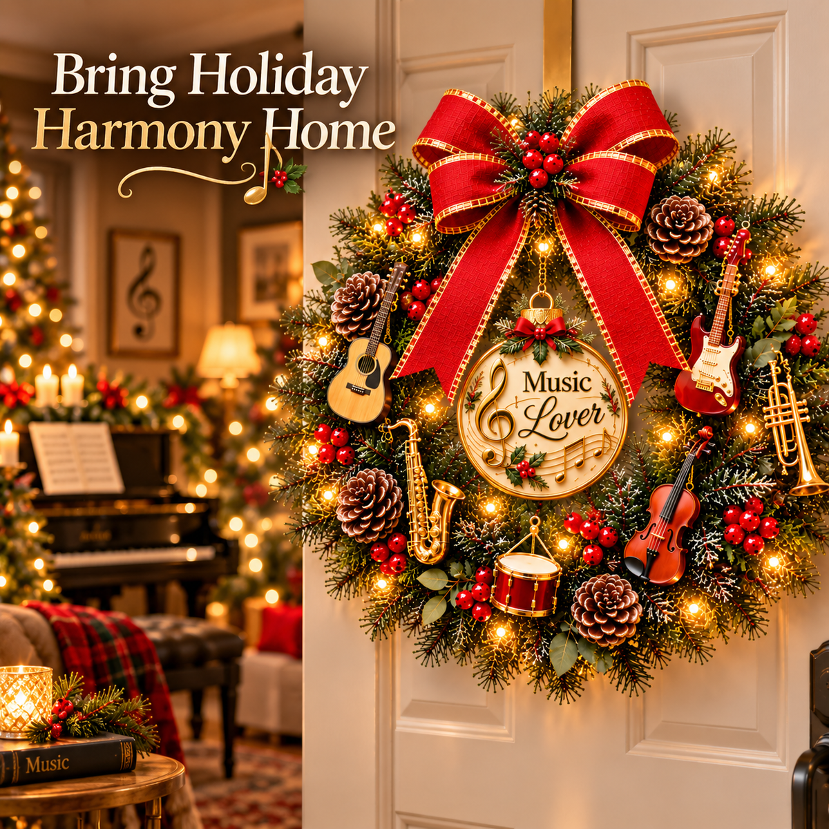 🔥 LAST DAY 49% OFF 🔥🎵 Music Lover Christmas Wreath™ – Lighted Musical Instrument Holiday Door Wreath