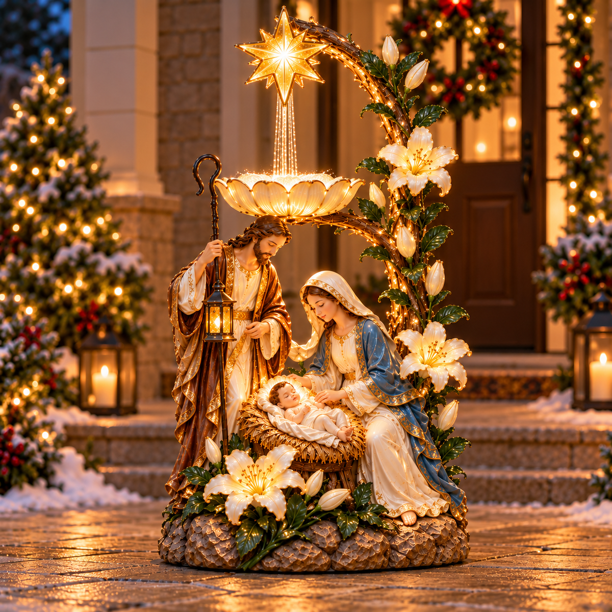 🎄 Holy Family Starlight Garden Bird Bath™ – Lighted Nativity Outdoor Decor
