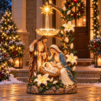 🎄 Holy Family Starlight Garden Bird Bath™ – Lighted Nativity Outdoor Decor