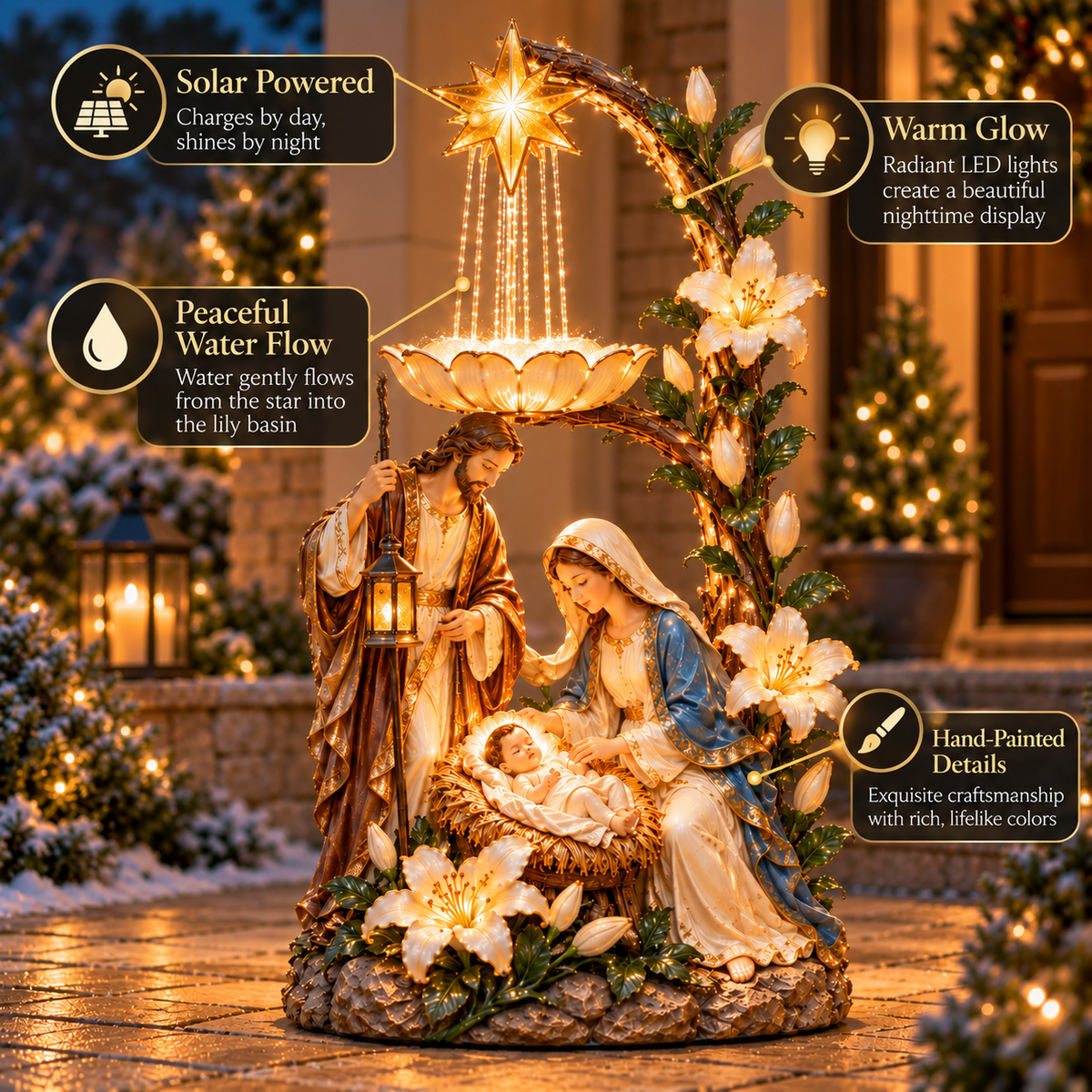 🎄 Holy Family Starlight Garden Bird Bath™ – Lighted Nativity Outdoor Decor