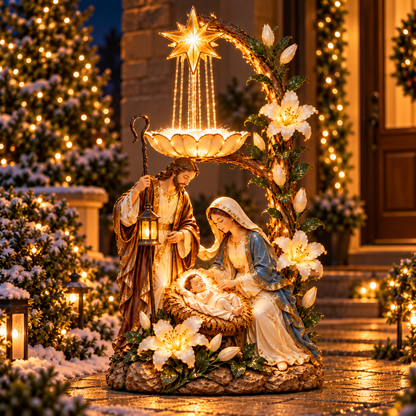 🎄 Holy Family Starlight Garden Bird Bath™ – Lighted Nativity Outdoor Decor