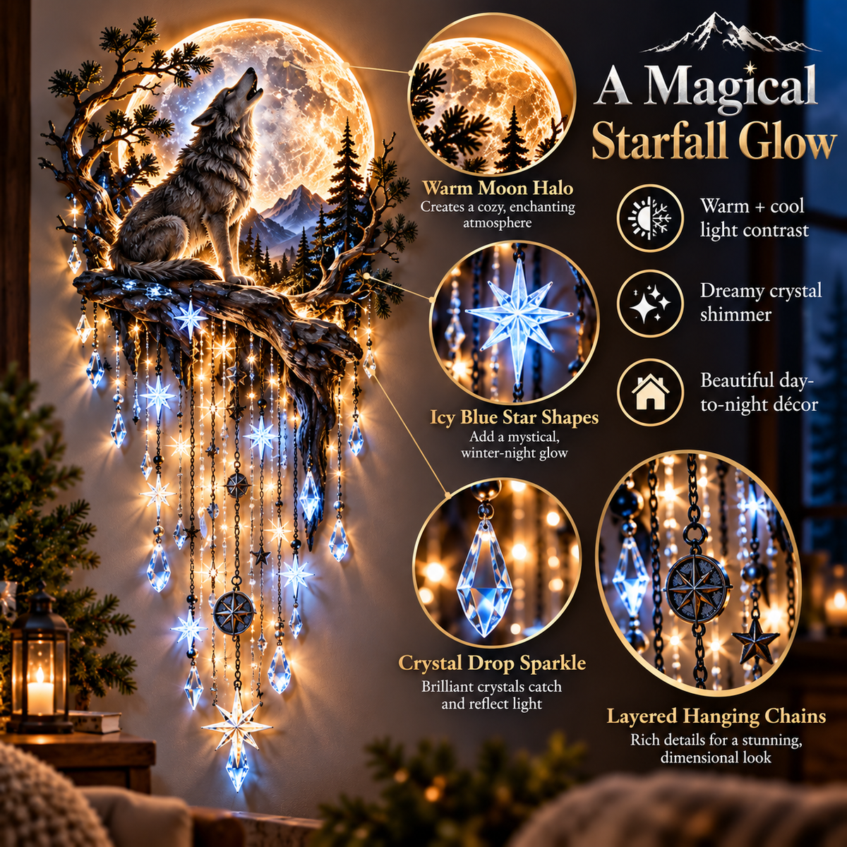 ⏳ Last Day 50% OFF-🐺🌕 Wolf Howling Moon Starfall Wall Light – Bring the Wild Home！！！