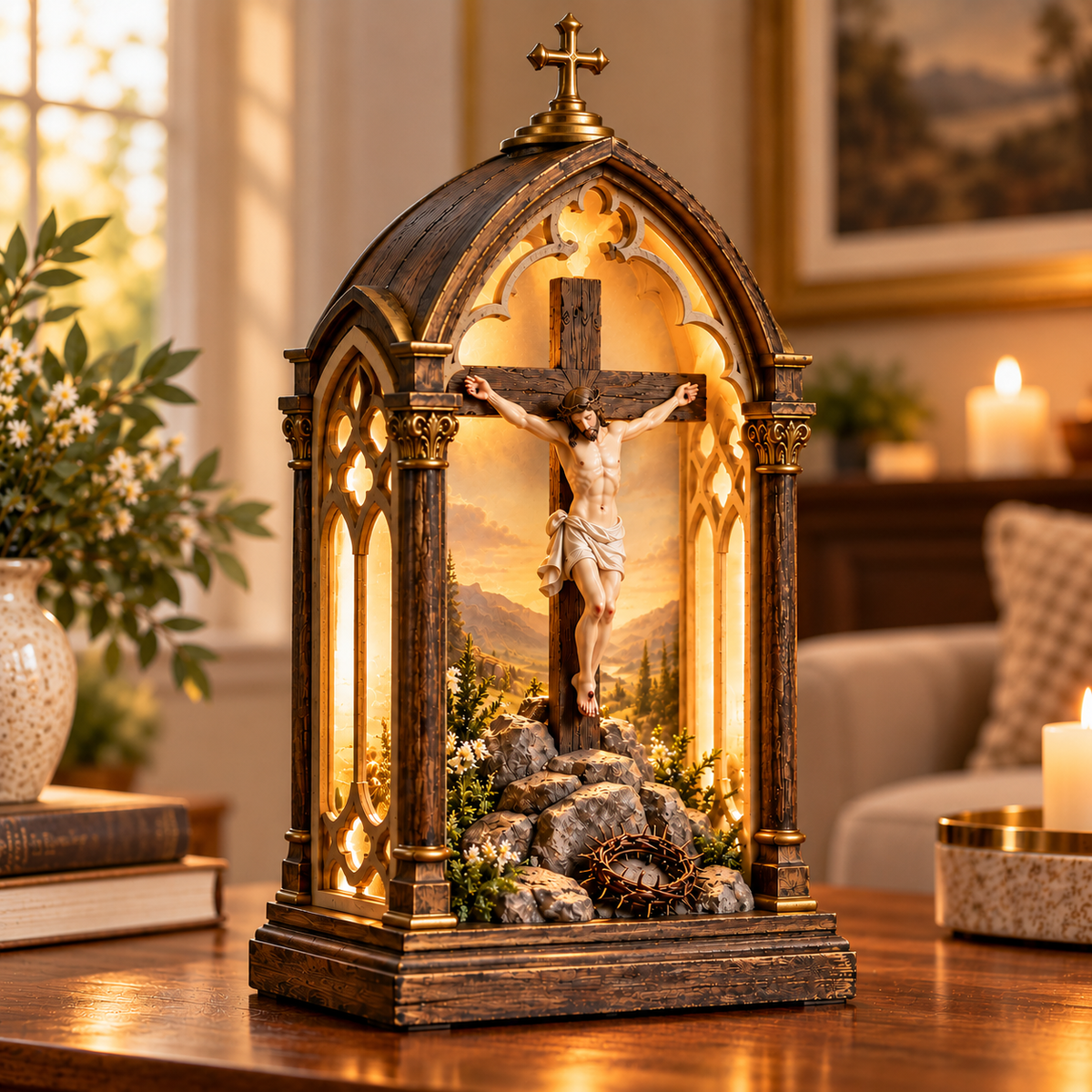✝️ Light of Calvary Illuminated Devotional Shrine – Jesus Crucifix Tabletop Prayer Decor
