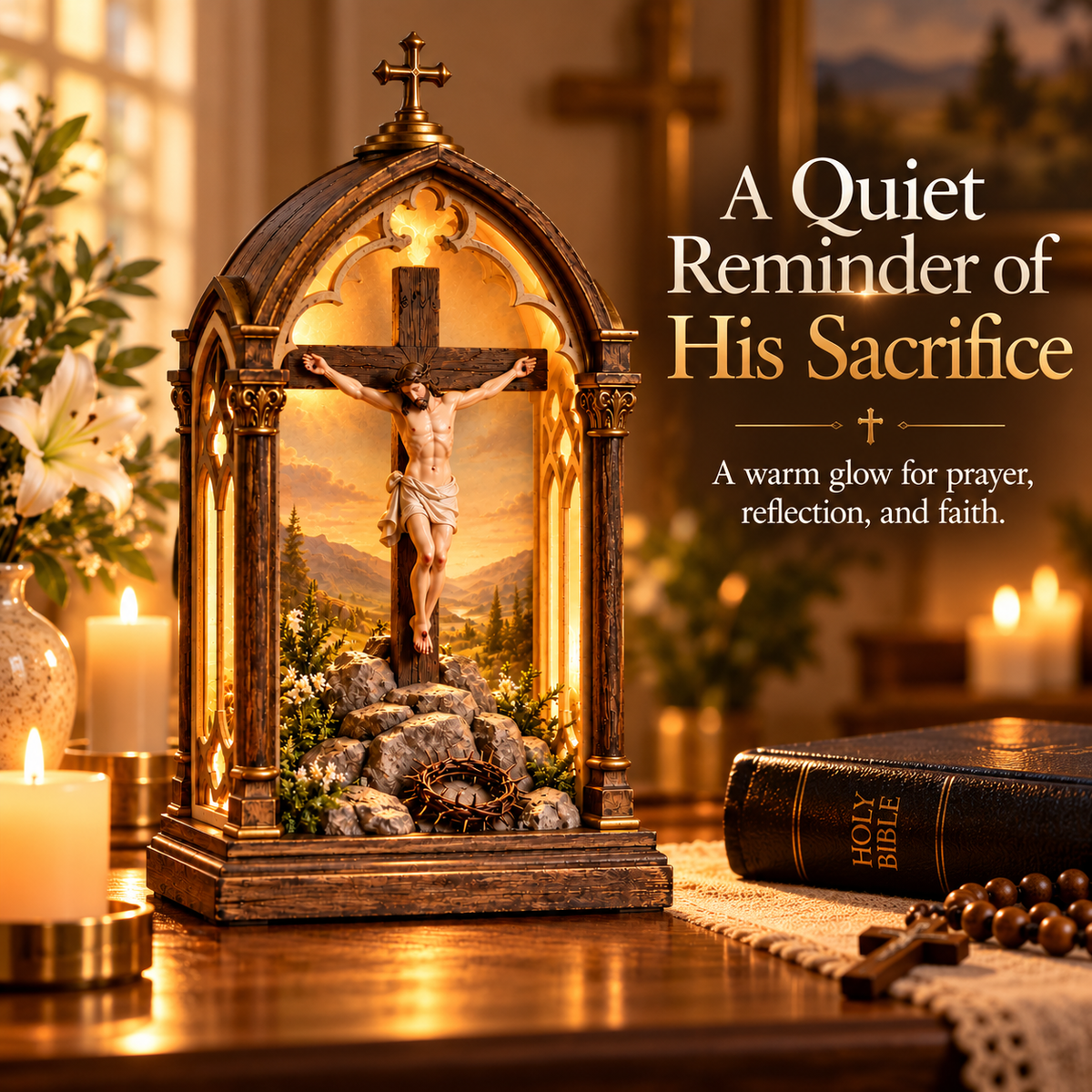 ✝️ Light of Calvary Illuminated Devotional Shrine – Jesus Crucifix Tabletop Prayer Decor