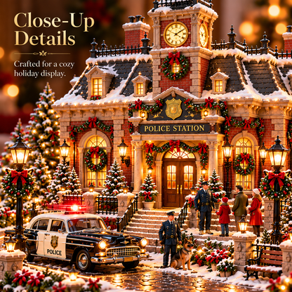 🎄 Christmas Police Station Village™ – Warm LED Lights, Vintage Patrol Car & K9 Holiday Display