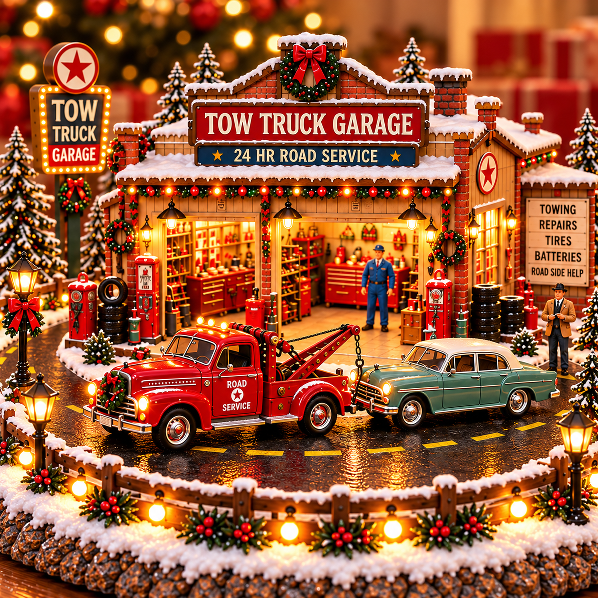 🚛🎄 Christmas Tow Truck Garage™ – Lighted Vintage Roadside Rescue Village