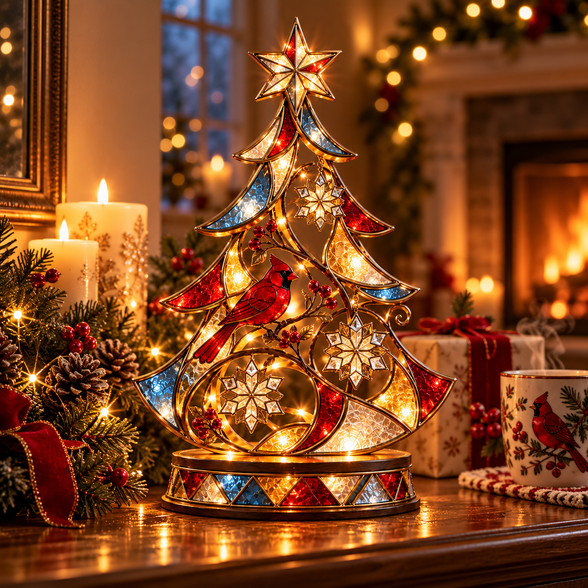 🎄 Cardinal Stained-Glass Christmas Tree™ – Lighted Holiday Tabletop Decor with Snowflakes & Warm Glow