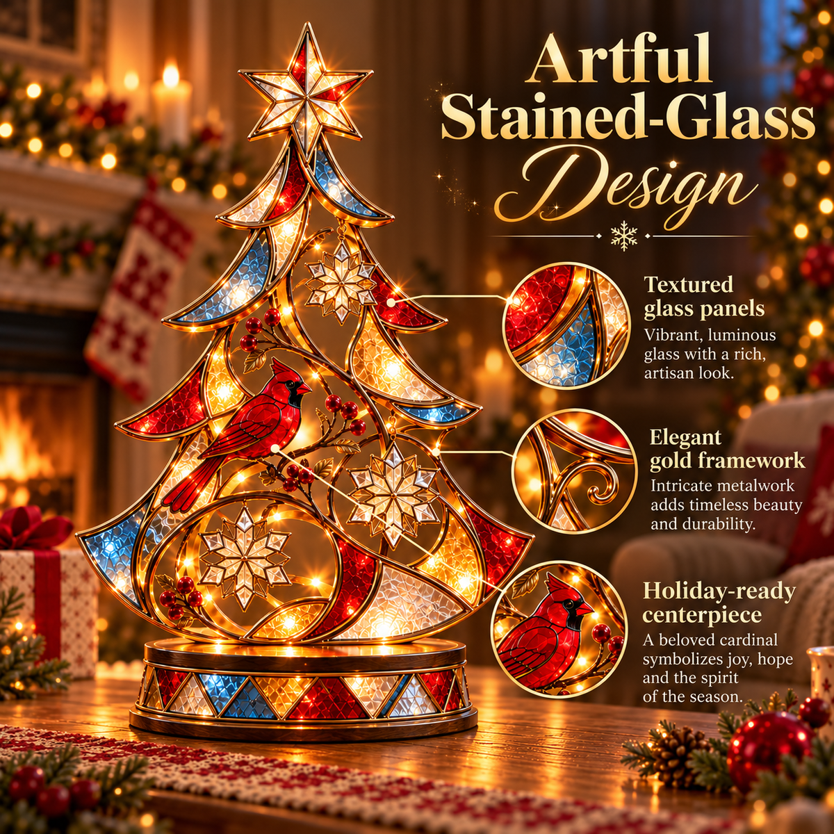 🎄 Cardinal Stained-Glass Christmas Tree™ – Lighted Holiday Tabletop Decor with Snowflakes & Warm Glow
