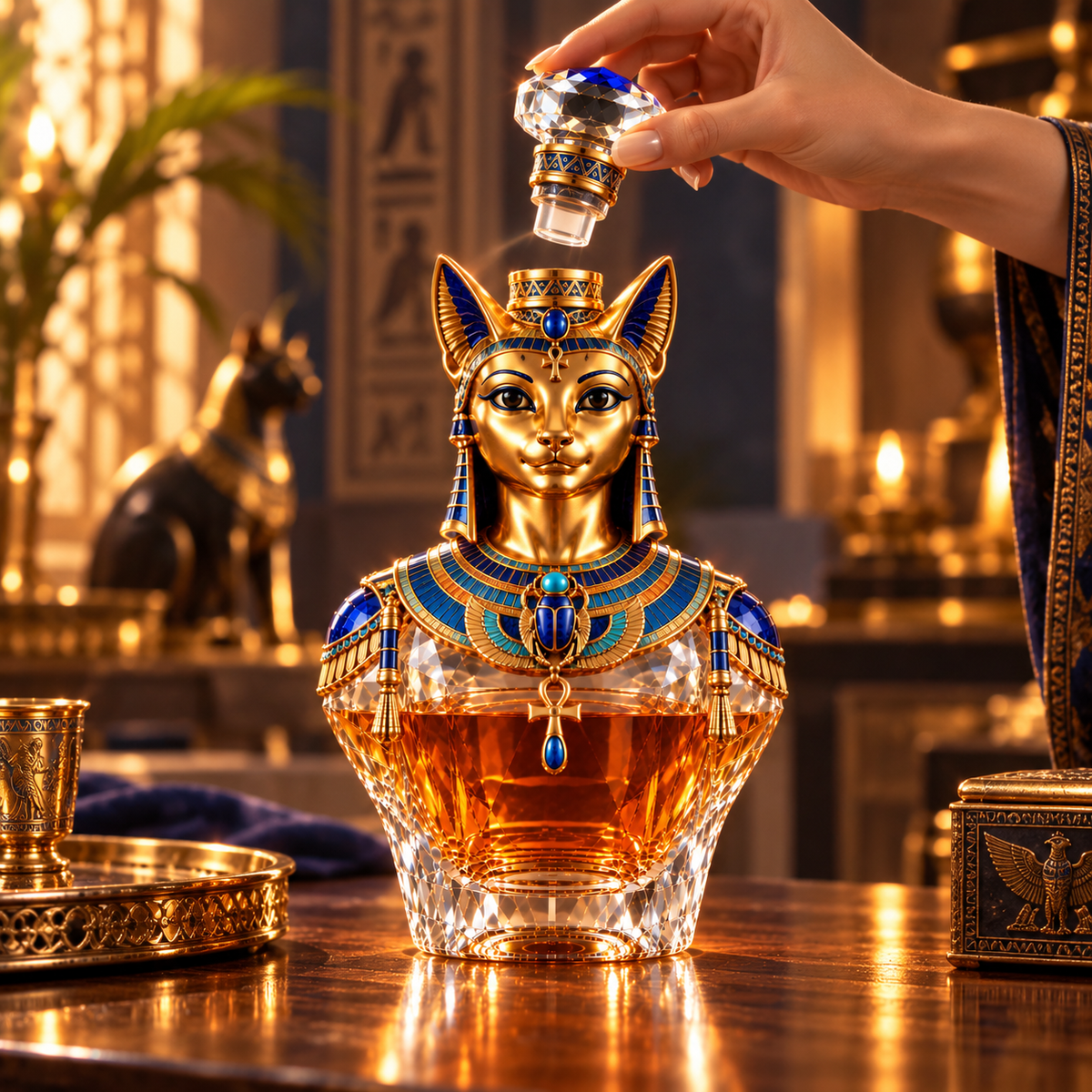 🐈Bastet’s Golden Grace Whiskey Decanter – Ancient Egyptian Cat Goddess Collectible Bottle🏺
