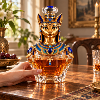 🐈Bastet’s Golden Grace Whiskey Decanter – Ancient Egyptian Cat Goddess Collectible Bottle🏺