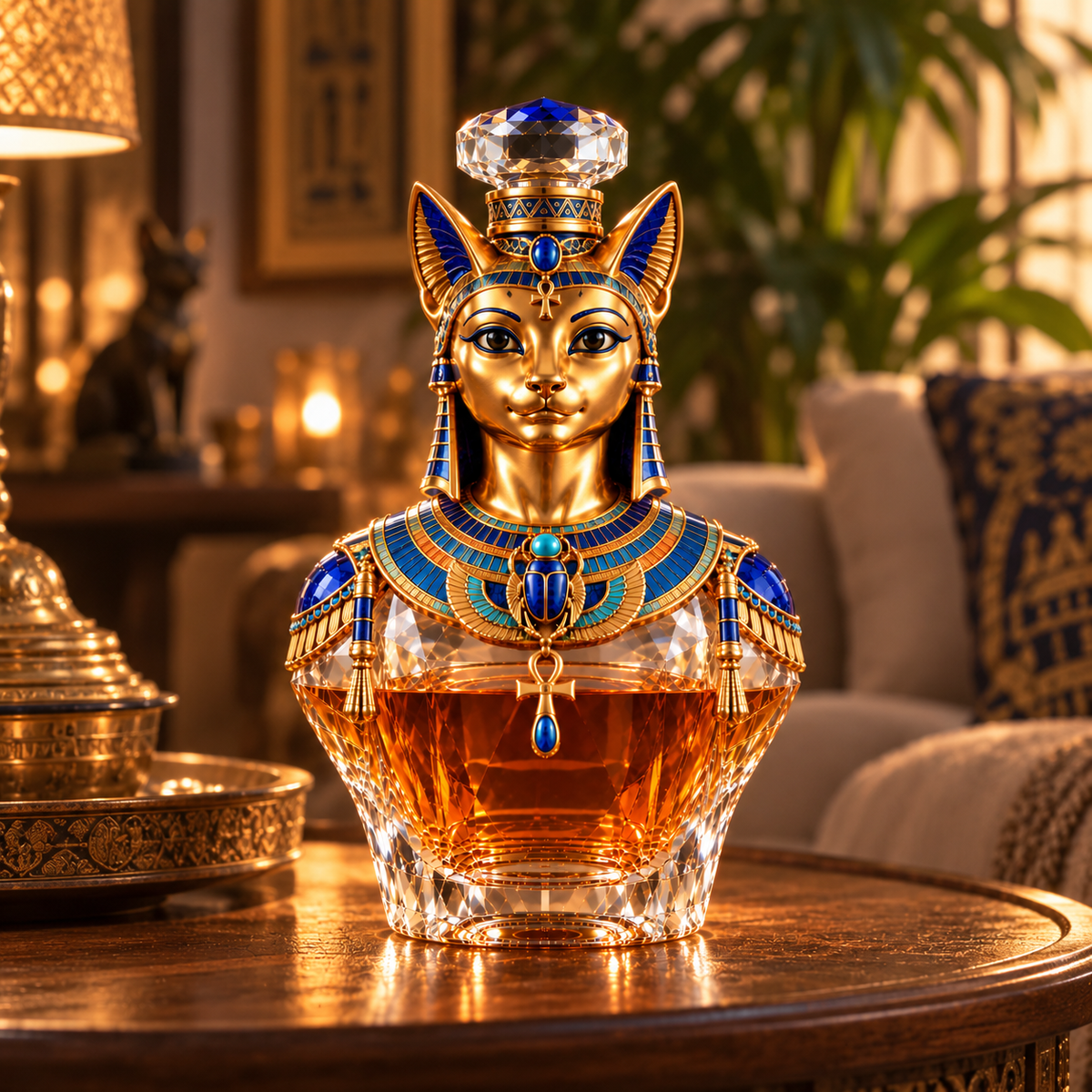 🐈Bastet’s Golden Grace Whiskey Decanter – Ancient Egyptian Cat Goddess Collectible Bottle🏺