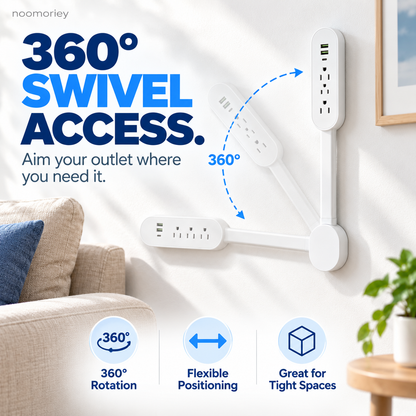 White 360° Rotating Power Strip with 3 AC Outlets, 2 USB-A & USB-C PD Charging Ports