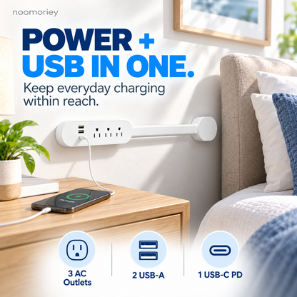 White 360° Rotating Power Strip with 3 AC Outlets, 2 USB-A & USB-C PD Charging Ports