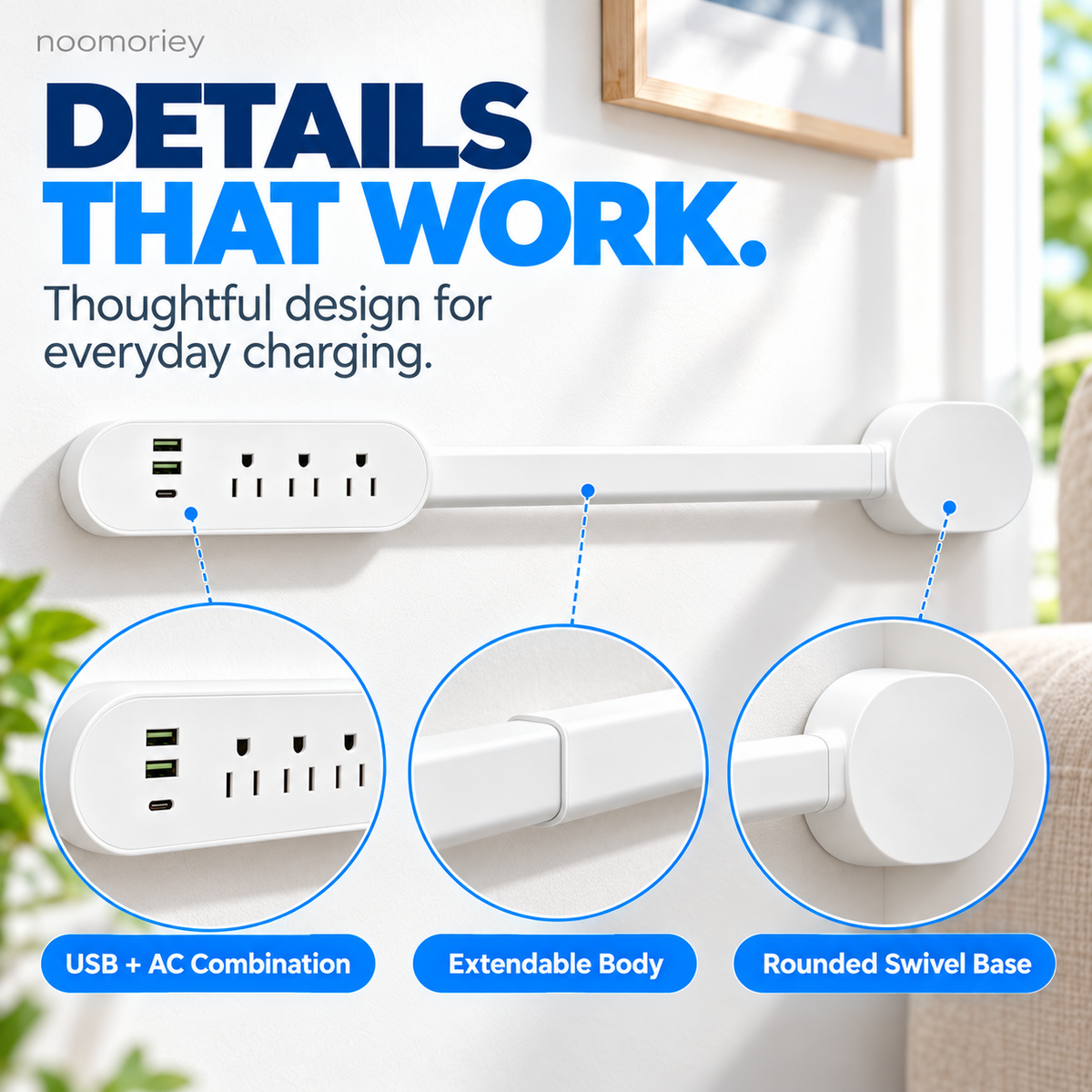 White 360° Rotating Power Strip with 3 AC Outlets, 2 USB-A & USB-C PD Charging Ports
