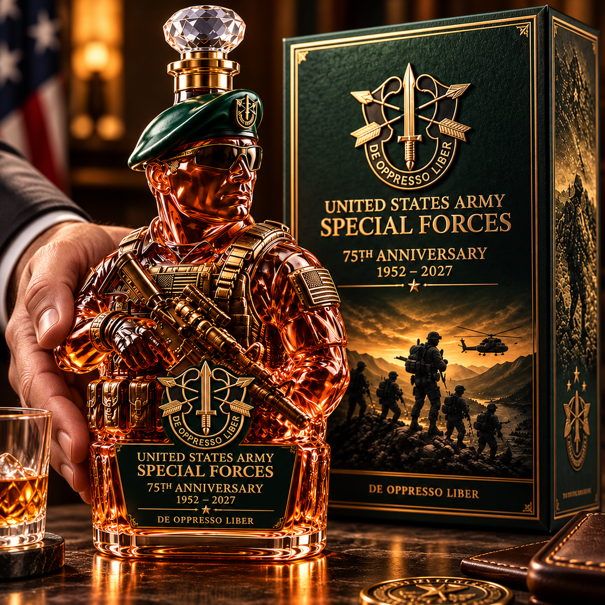 🇺🇸 U.S. Army Special Forces 75th Anniversary Whiskey Decanter – 1952–2027 Commemorative Collector’s Edition