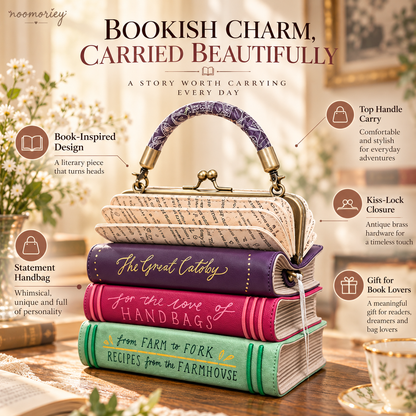 Book Stack Handbag – Vintage-Inspired Book-Shaped Top Handle Purse, Unique Gift for Book Lovers