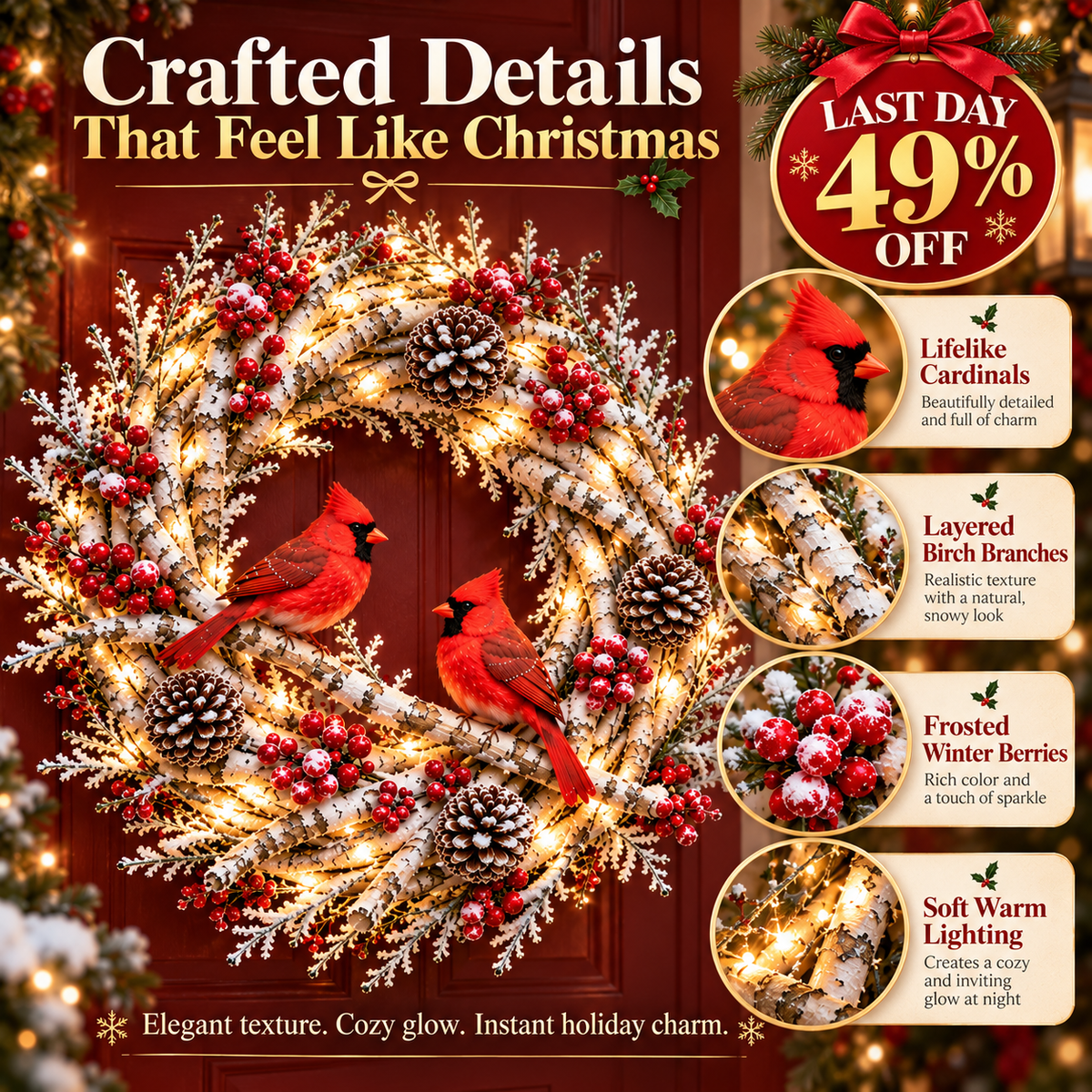 🔥 LAST DAY 49% OFF 🔥❤️ Official Snowy Birch Cardinal Wreath™ – Authentic Quality Lighted Christmas Door Wreath with Paired Red Cardinals, Berries & Pinecones ✨