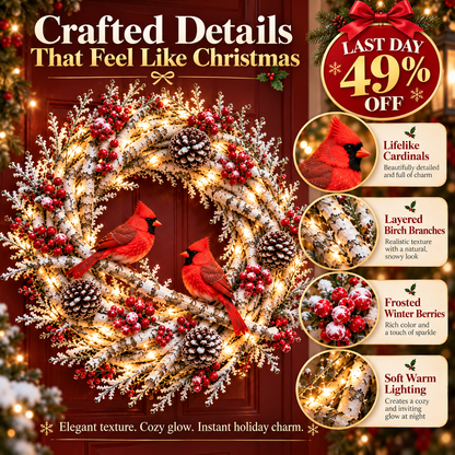 🔥 LAST DAY 49% OFF 🔥❤️ Official Snowy Birch Cardinal Wreath™ – Authentic Quality Lighted Christmas Door Wreath with Paired Red Cardinals, Berries & Pinecones ✨
