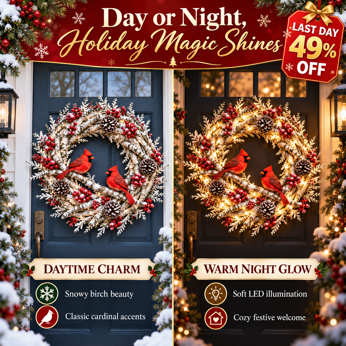 🔥 LAST DAY 49% OFF 🔥❤️ Official Snowy Birch Cardinal Wreath™ – Authentic Quality Lighted Christmas Door Wreath with Paired Red Cardinals, Berries & Pinecones ✨